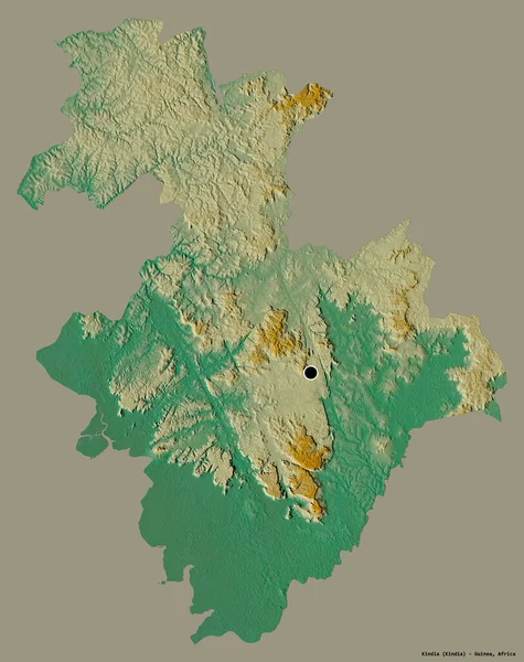 Форма Киндии Региона Гвинеи Столицей Изолированной Сплошном Цветном Фоне Топографическая — стоковое фото