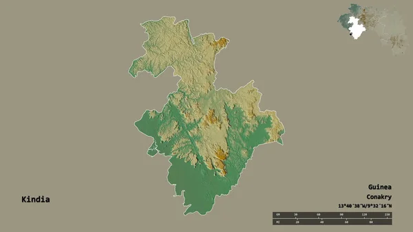 几内亚地区金迪亚的形状 其首都在坚实的背景下与世隔绝 距离尺度 区域预览和标签 地形浮雕图 3D渲染 — 图库照片