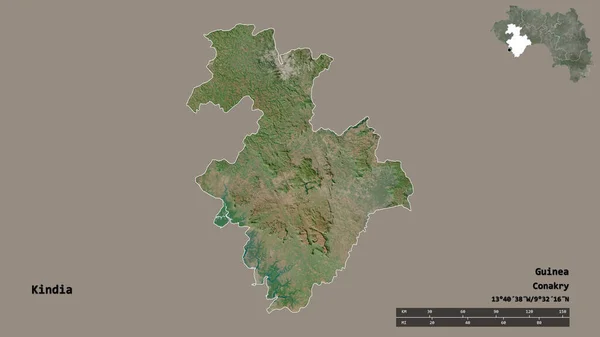 几内亚地区金迪亚的形状 其首都在坚实的背景下与世隔绝 距离尺度 区域预览和标签 卫星图像 3D渲染 — 图库照片