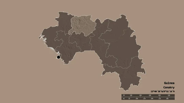 以首都 主要区域分部和分隔的莱贝地区为首都的几内亚的绝望面貌 彩色高程图 3D渲染 — 图库照片
