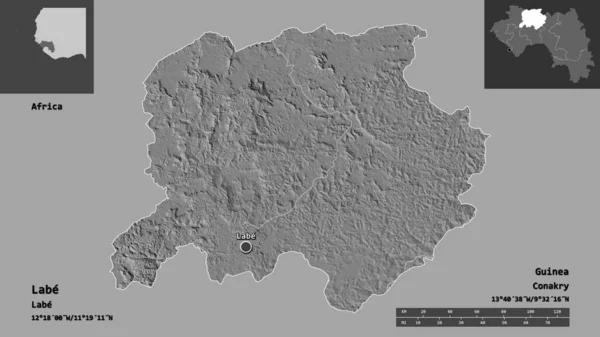 ラベルの形状 ギニアの地域 およびその首都 距離スケール プレビューおよびラベル 標高マップ 3Dレンダリング — ストック写真
