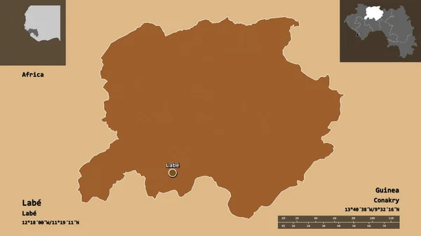 ラベルの形状 ギニアの地域 およびその首都 距離スケール プレビューおよびラベル パターン化されたテクスチャの構成 3Dレンダリング — ストック写真