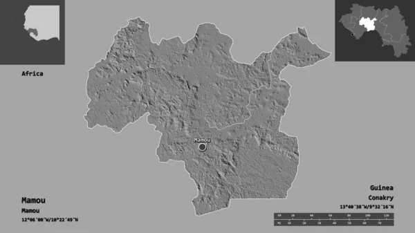 マモの形 ギニアの地域 そしてその首都 距離スケール プレビューおよびラベル 標高マップ 3Dレンダリング — ストック写真