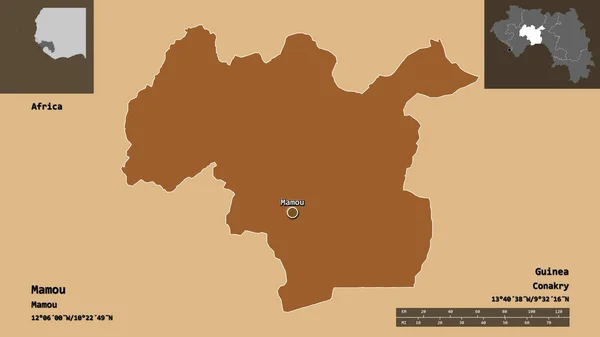 几内亚地区的Mamou形状及其首都 距离刻度 预览和标签 图形纹理的组成 3D渲染 — 图库照片