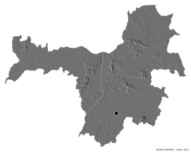 Beyaz arka planda başkenti izole edilmiş olan Gine bölgesi Nzerekore 'un şekli. Çift seviyeli yükseklik haritası. 3B görüntüleme