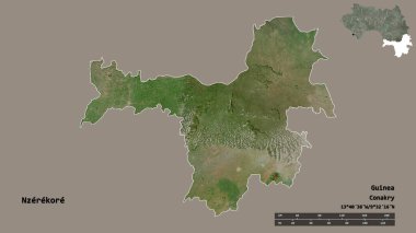 Gine bölgesinin başkenti Nzerekore 'un katı arka planda izole edilmiş hali. Uzaklık ölçeği, bölge önizlemesi ve etiketleri. Uydu görüntüleri. 3B görüntüleme
