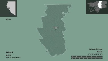 Bafata 'nın şekli, Gine-Bissau bölgesi ve başkenti. Uzaklık ölçeği, ön gösterimler ve etiketler. Renkli yükseklik haritası. 3B görüntüleme