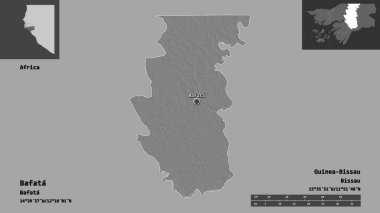 Bafata 'nın şekli, Gine-Bissau bölgesi ve başkenti. Uzaklık ölçeği, ön gösterimler ve etiketler. Çift seviyeli yükseklik haritası. 3B görüntüleme