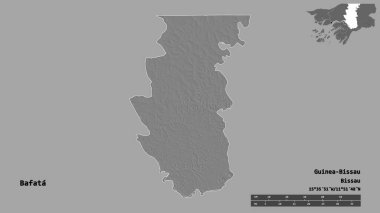 Başkenti sağlam bir zemin üzerinde izole edilmiş, Gine-Bissau bölgesi olan Bafata 'nın şekli. Uzaklık ölçeği, bölge önizlemesi ve etiketleri. Çift seviyeli yükseklik haritası. 3B görüntüleme