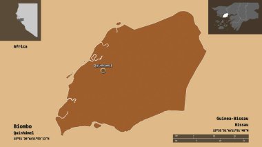 Biombo 'nun şekli, Gine-Bissau bölgesi ve başkenti. Uzaklık ölçeği, ön gösterimler ve etiketler. Desenli dokuların bileşimi. 3B görüntüleme