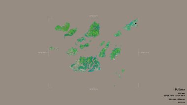 Bolama bölgesi, Gine-Bissau bölgesi, katı bir arka planda izole edilmiş bir sınır kutusunda. Etiketler. Uydu görüntüleri. 3B görüntüleme