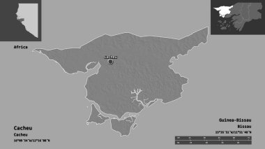 Cacheu 'nun şekli, Gine-Bissau bölgesi ve başkenti. Uzaklık ölçeği, ön gösterimler ve etiketler. Çift seviyeli yükseklik haritası. 3B görüntüleme
