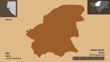 Oio 'nun şekli, Gine-Bissau bölgesi ve başkenti. Uzaklık ölçeği, ön gösterimler ve etiketler. Desenli dokuların bileşimi. 3B görüntüleme