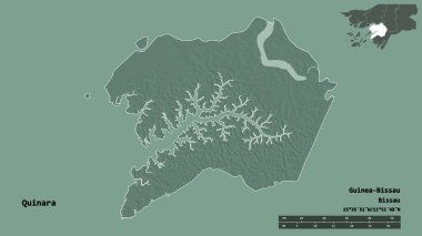Quinara 'nın şekli, Gine-Bissau bölgesi, başkenti katı bir zemin üzerinde izole edilmiş. Uzaklık ölçeği, bölge önizlemesi ve etiketleri. Renkli yükseklik haritası. 3B görüntüleme