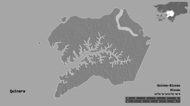 Quinara 'nın şekli, Gine-Bissau bölgesi, başkenti katı bir zemin üzerinde izole edilmiş. Uzaklık ölçeği, bölge önizlemesi ve etiketleri. Çift seviyeli yükseklik haritası. 3B görüntüleme