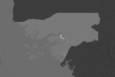 Gine-Bissau 'nun şekli, komşu bölgelerin dedoygunluğuyla ayrılır. Çift seviyeli yükseklik haritası. 3B görüntüleme