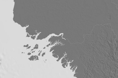 Gine-Bissau 'nun genişletilmiş bölgesi. Çift seviyeli yükseklik haritası. 3B görüntüleme