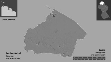 Barima-Waini 'nin şekli, Guyana bölgesi ve başkenti. Uzaklık ölçeği, ön gösterimler ve etiketler. Çift seviyeli yükseklik haritası. 3B görüntüleme