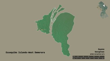 Essequibo Adaları-Batı Demerara bölgesi, Guyana bölgesi, başkenti sağlam arka planda izole edilmiştir. Uzaklık ölçeği, bölge önizlemesi ve etiketleri. Topografik yardım haritası. 3B görüntüleme