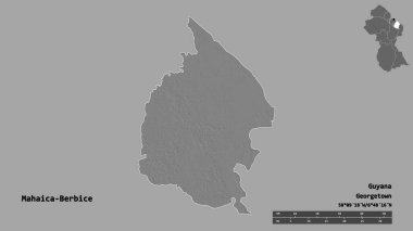 Guyana bölgesinin Mahaica-Berbice şekli, başkenti sağlam bir zemin üzerinde izole edilmiş. Uzaklık ölçeği, bölge önizlemesi ve etiketleri. Çift seviyeli yükseklik haritası. 3B görüntüleme