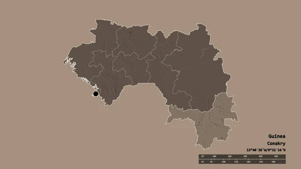 几内亚以首都 主要区域分部和分隔的Nzerekore地区为首都的退化形态 彩色高程图 3D渲染 — 图库照片