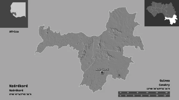 Forma Nzerekore Região Guiné Sua Capital Escala Distância Previews Rótulos — Fotografia de Stock