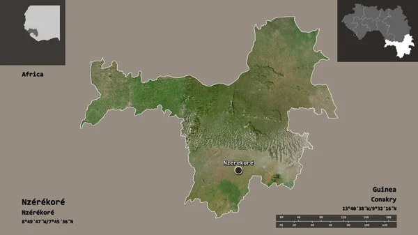几内亚地区的Nzerekore形状及其首都 距离刻度 预览和标签 卫星图像 3D渲染 — 图库照片