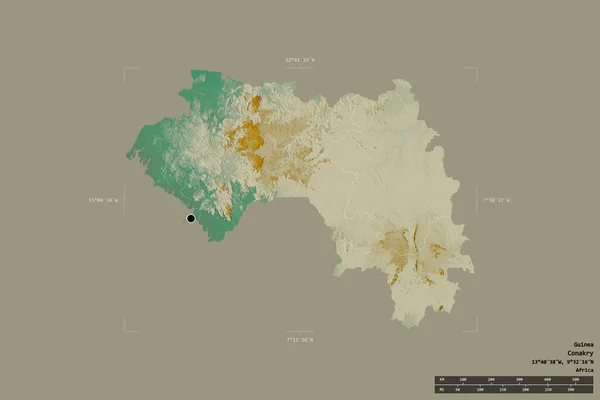 ギニアの地域は 洗練された境界の箱の中の強固な背景に隔離されました 主な地域部門 距離スケール ラベル 地形図 3Dレンダリング — ストック写真