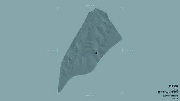 ギニアビサウの地域であるビサウの地域は 地理的に参照された境界線の箱の中にしっかりとした背景に隔離されています ラベル 色の標高マップ 3Dレンダリング — ストック写真