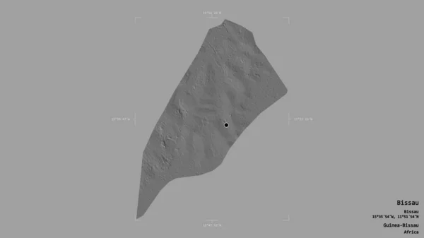 ギニアビサウの地域であるビサウの地域は 地理的に参照された境界線の箱の中にしっかりとした背景に隔離されています ラベル 標高マップ 3Dレンダリング — ストック写真