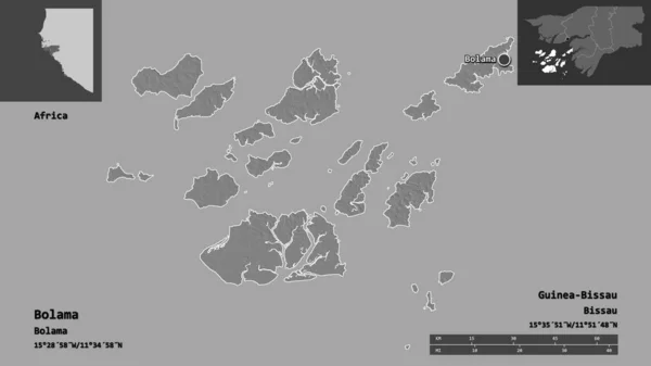 ボラマの形 ギニアビサウ地域 距離スケール プレビューおよびラベル 標高マップ 3Dレンダリング — ストック写真