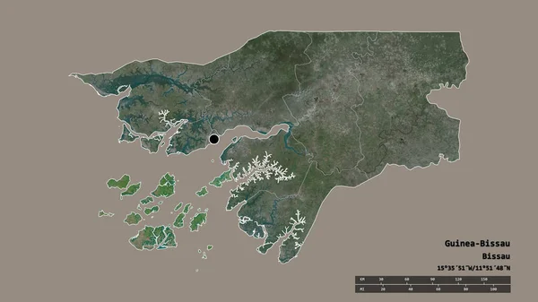 主要な地域部門と分離ボラマ地域を持つギニアビサウの荒廃した形 ラベル 衛星画像 3Dレンダリング — ストック写真