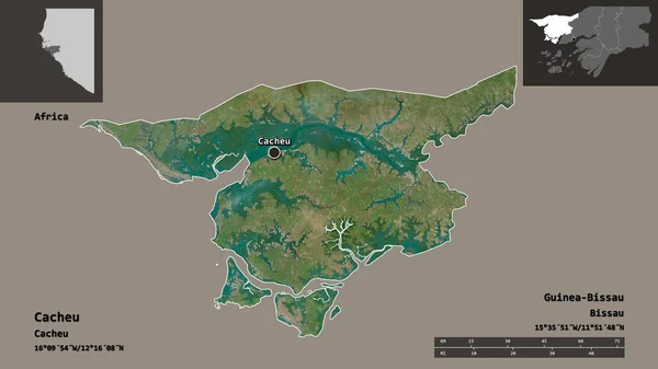 几内亚比绍Cacheu地区的形状及其首都 距离刻度 预览和标签 卫星图像 3D渲染 — 图库照片