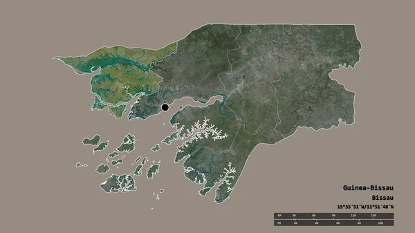主要な地域部門と分離されたカシュー地域を持つギニアビサウの荒廃した形 ラベル 衛星画像 3Dレンダリング — ストック写真