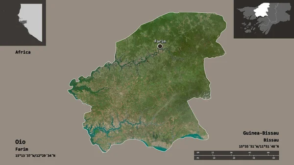 几内亚比绍Oio地区的形状及其首都 距离刻度 预览和标签 卫星图像 3D渲染 — 图库照片