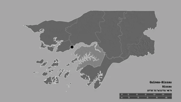 Desaturated shape of Guinea-Bissau with its capital, main regional division and the separated Quinara area. Labels. Bilevel elevation map. 3D rendering