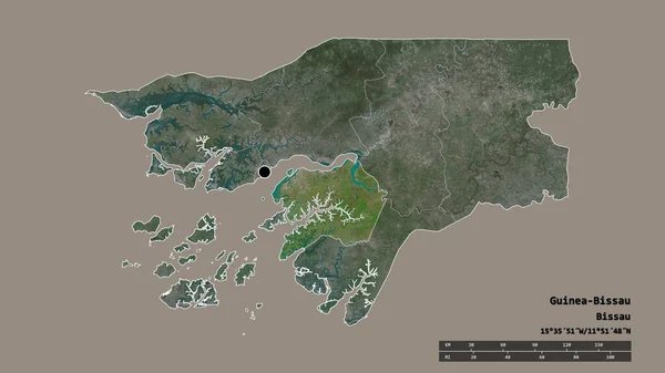 主要な地域部門と分離キナーラ地域を持つギニアビサウの荒廃した形 ラベル 衛星画像 3Dレンダリング — ストック写真