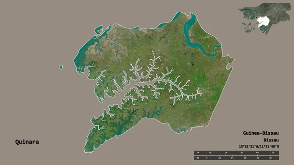 ギニアビサウ地方のキナーラの形で その首都はしっかりとした背景に孤立しています 距離スケール リージョンプレビュー およびラベル 衛星画像 3Dレンダリング — ストック写真
