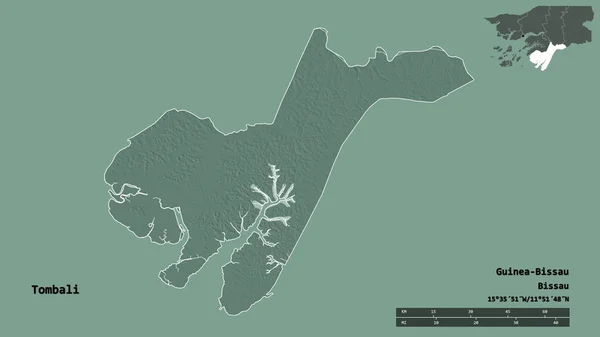 ギニアビサウ地方のトンバリの形で その首都はしっかりとした背景に孤立しています 距離スケール リージョンプレビュー およびラベル 色の標高マップ 3Dレンダリング — ストック写真