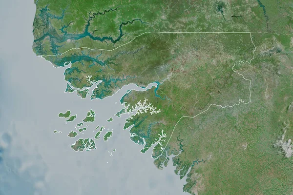 Extended area of Guinea-Bissau with country outline, international and regional borders. Satellite imagery. 3D rendering