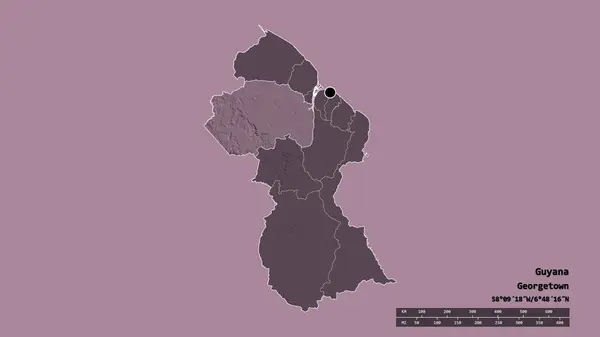 圭亚那以首都 主要区域分部和分离的库尤尼 马扎鲁尼地区为首都的专制形态 彩色高程图 3D渲染 — 图库照片