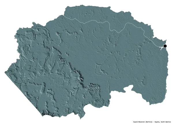 圭亚那地区Cuyuni Mazaruni的形状 其首都因白色背景而孤立 彩色高程图 3D渲染 — 图库照片
