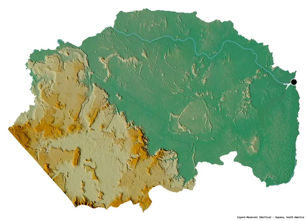 圭亚那地区Cuyuni Mazaruni的形状 其首都因白色背景而孤立 地形浮雕图 3D渲染 — 图库照片