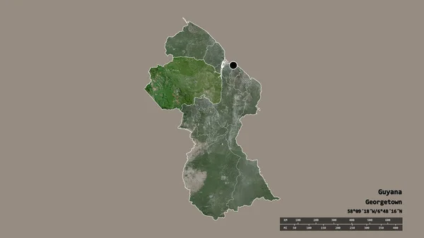 主要な地域部門と分離Cuyuni Mazaruni クユニ マザリニ 地域とガイアナの荒廃した形 ラベル 衛星画像 3Dレンダリング — ストック写真