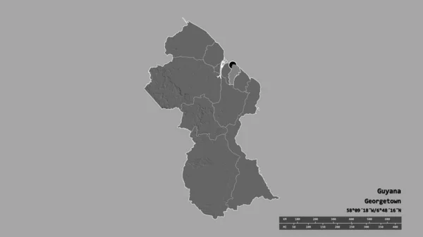 主要な地域部門と分離デメララ マハイカ地域とガイアナの荒廃した形 ラベル 標高マップ 3Dレンダリング — ストック写真