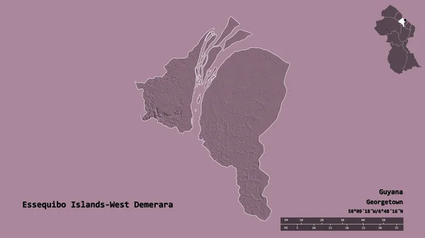 ガイアナの西デメララ諸島の形で その首都はしっかりとした背景に隔離されています 距離スケール リージョンプレビュー およびラベル 色の標高マップ 3Dレンダリング — ストック写真