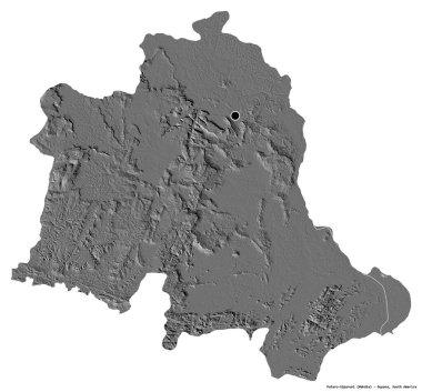 Potaro-Emiruni bölgesi, Guyana bölgesi, başkenti beyaz arka planda izole edilmiş. Çift seviyeli yükseklik haritası. 3B görüntüleme