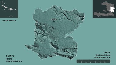Merkez, Haiti Bölümü ve başkenti. Uzaklık ölçeği, ön gösterimler ve etiketler. Renkli yükseklik haritası. 3B görüntüleme