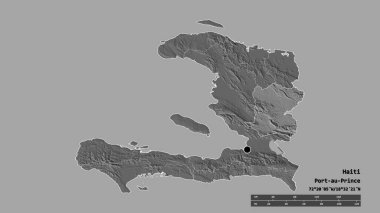 Başkenti, ana bölgesel bölümü ve bölünmüş Merkez bölgesiyle Haiti 'nin dejenere bir şekli. Etiketler. Çift seviyeli yükseklik haritası. 3B görüntüleme