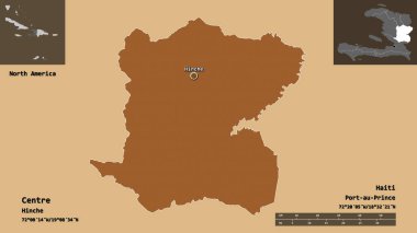 Merkez, Haiti Bölümü ve başkenti. Uzaklık ölçeği, ön gösterimler ve etiketler. Desenli dokuların bileşimi. 3B görüntüleme